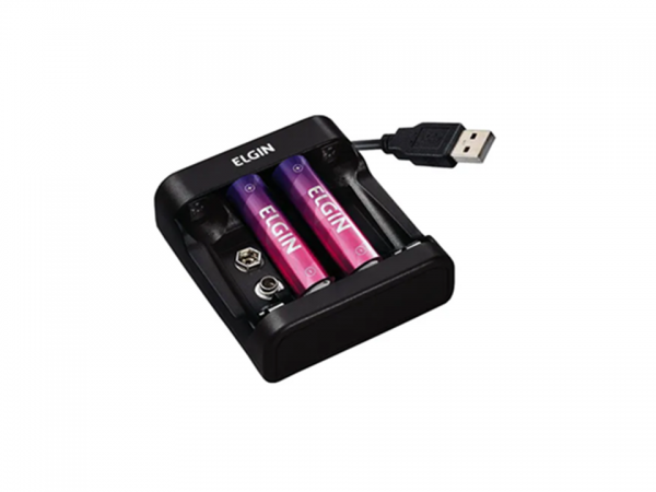 Carregador ELGIN pilha/bateria USB c/ cabo + 2 pilha AA